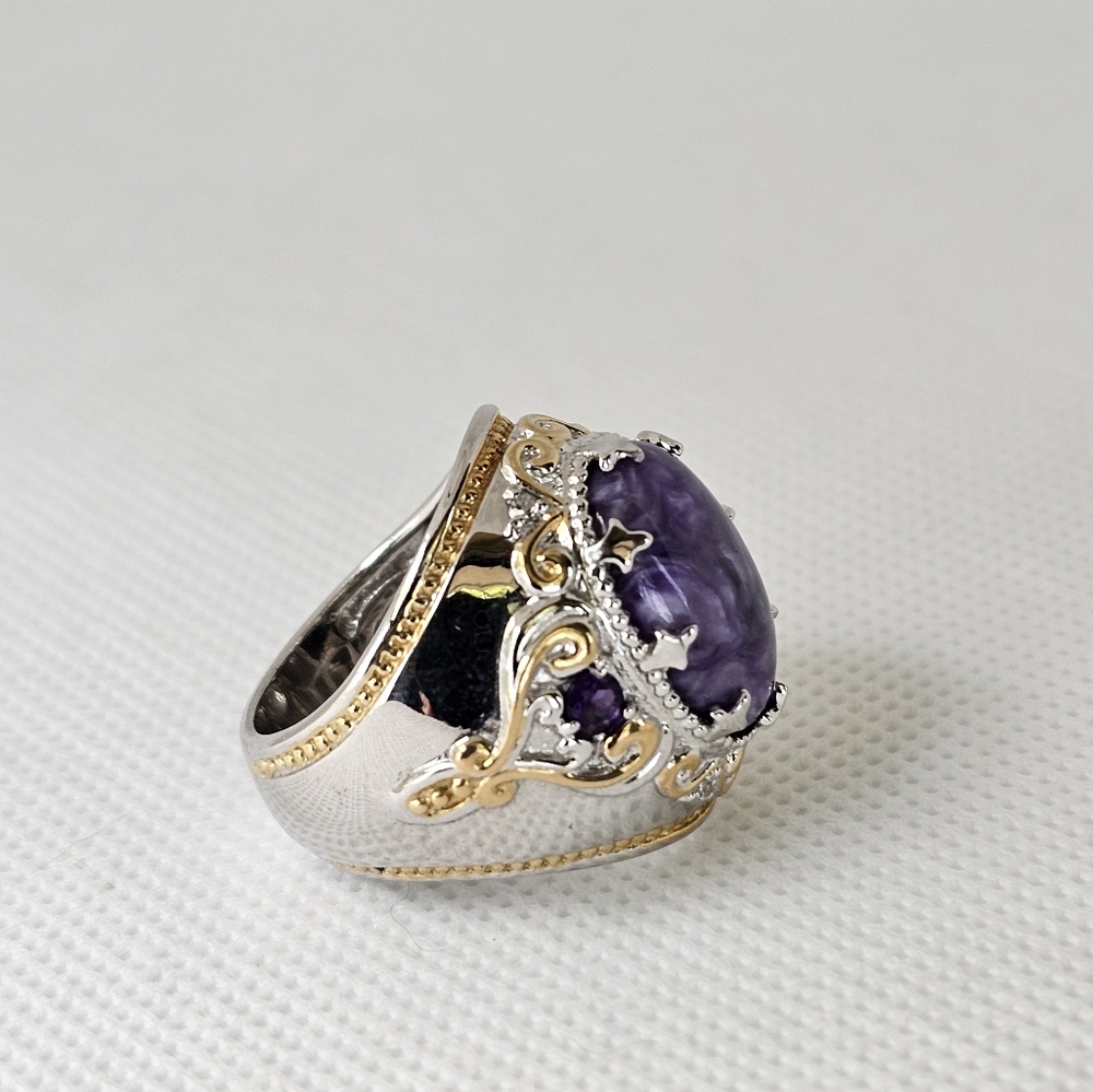 Genuine Charoite & Amethyst Ring Palladium Sterling Silver 18k YG Size 6.5! - Picture 5 of 9